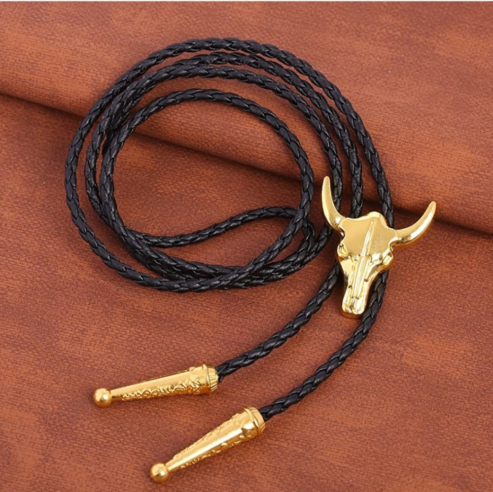 New Gold bull steer leather bolo tie